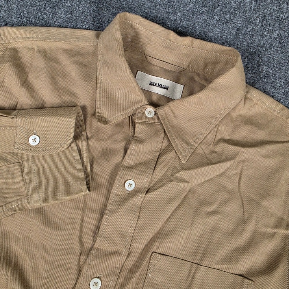 Buck Mason Button Down Shirt Mens Medium Tan Cotton Rayon Twill Long Sleeve